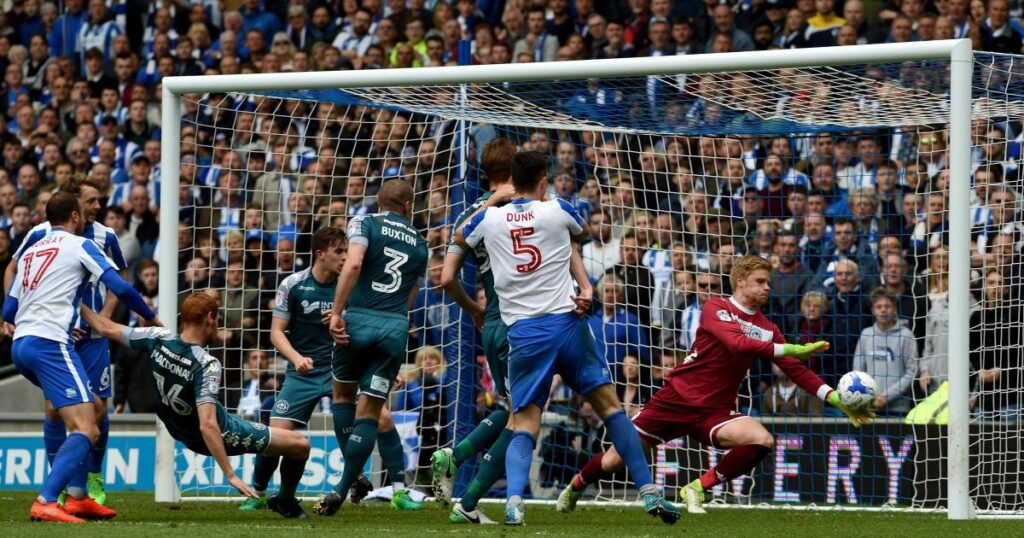 Tromso goalkeeper Jakob Haugaard in action for Wigan on the day Brighton clinched promotion at the Amex - (c) Liz Finlayson / The Argus
