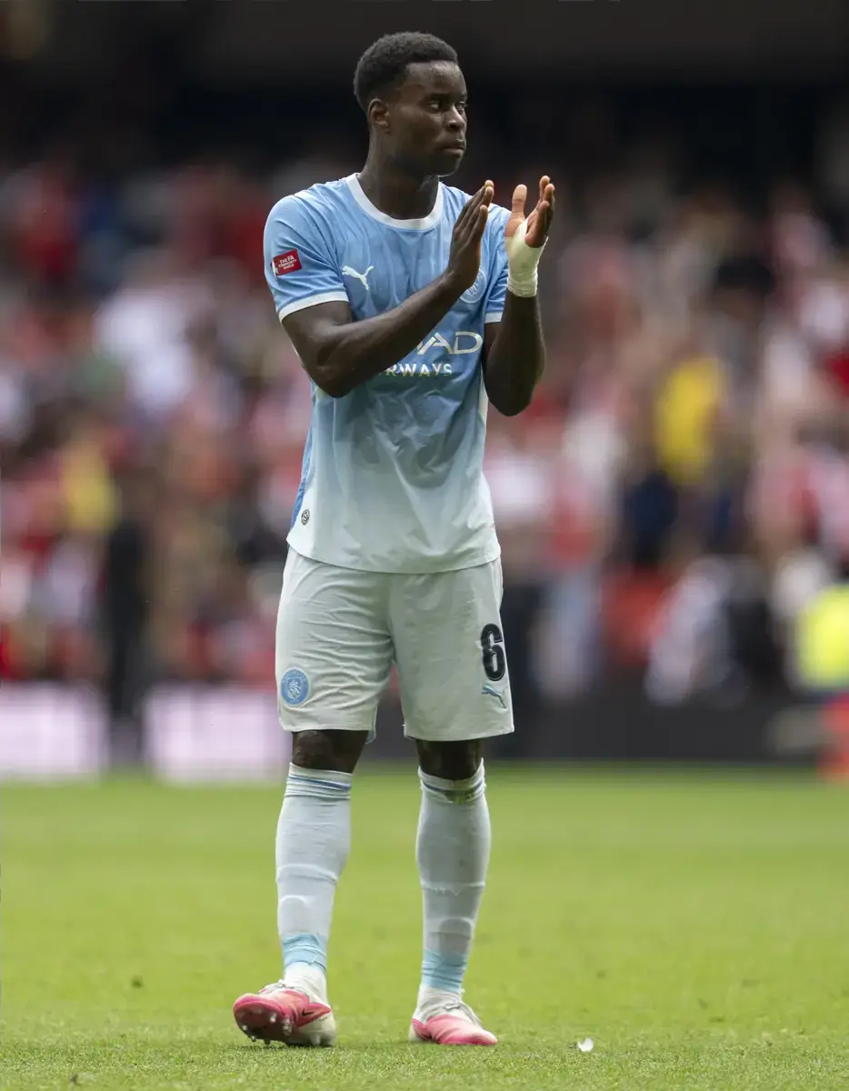 Marc Guéhi of Manchester City applauds the fans following the FA Community Shield match between Arsenal and Manchester City at the Principality Stadium, Cardiff, Wales. Sunday 16th August 2026. (Photo by Lexy Ilsley/Manchester City)