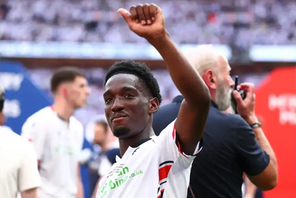 London, England, 24th May 2026. Amario Cozier-Duberry of Bolton Wanderers celebrates victory during the Bolton Wanderers vs Stockport County Sky Bet League 1 play off final match at Wembley Stadium, London. Picture credit should read: Jake Youle / Sp
